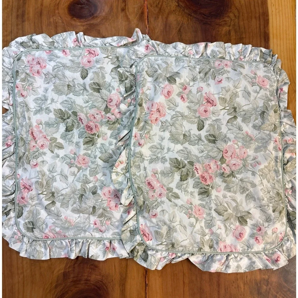 Vintage Laura Ashley Standard Pillow Shams Lot of 2 Ruffle Floral Rose Garden S7